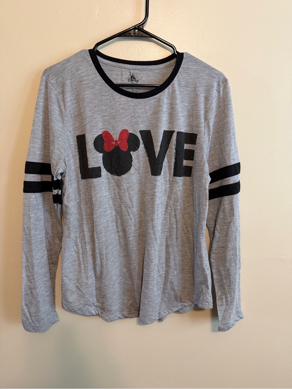 Disney Gray Long Sleeve Tee with Black Stripes and Red Bow